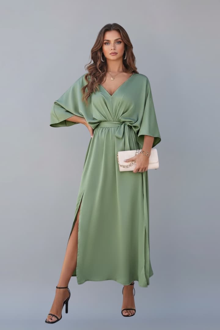 Women’s V-Neck Dress with Waist Tie and Side Slit