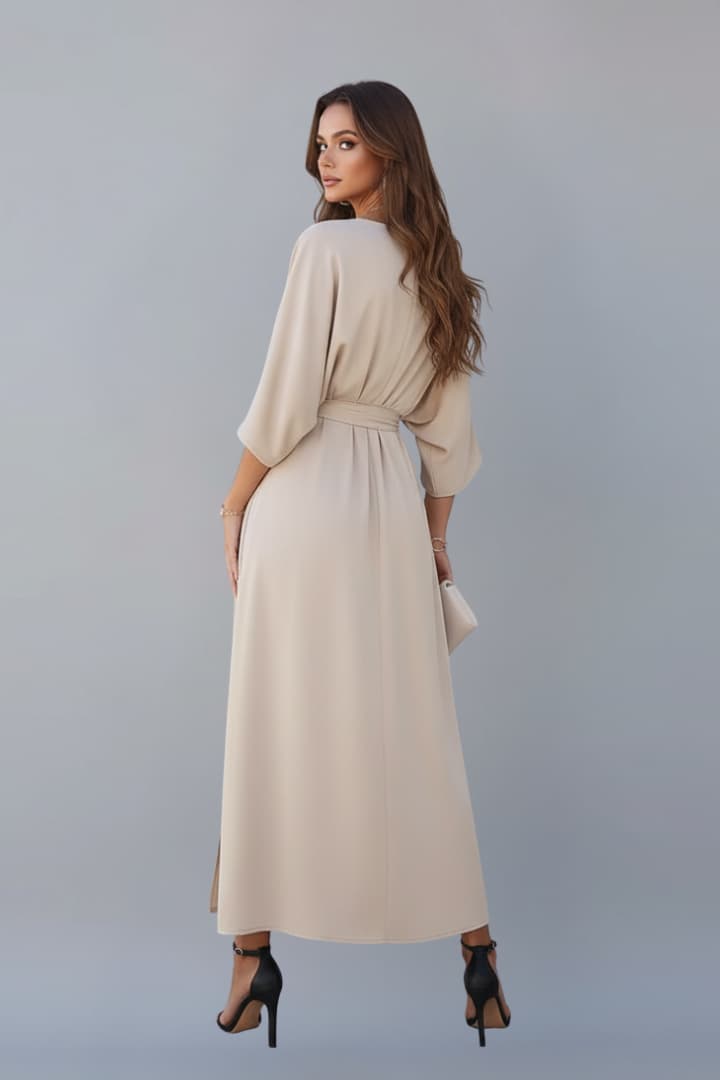 Women’s V-Neck Dress with Waist Tie and Side Slit