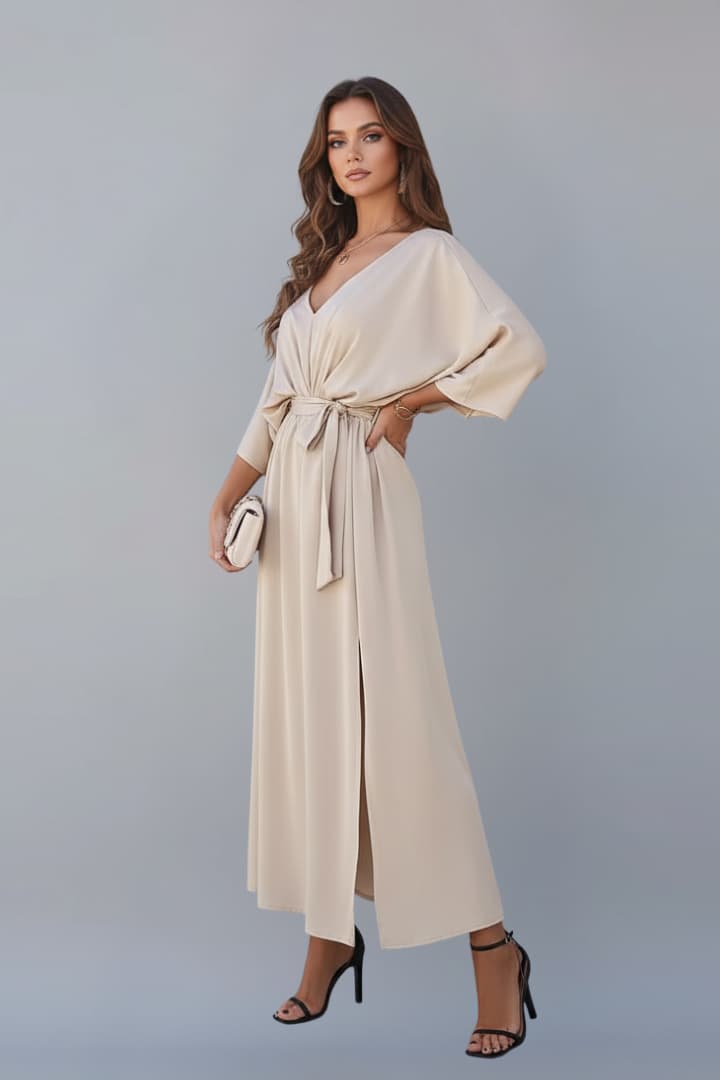 Women’s V-Neck Dress with Waist Tie and Side Slit