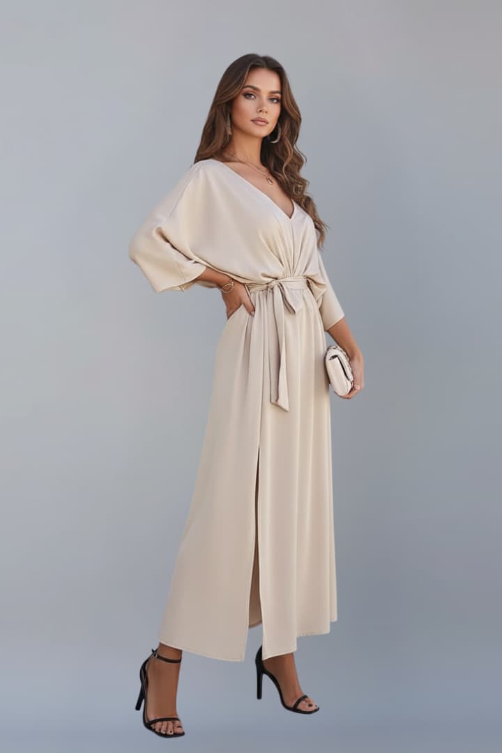 Women’s V-Neck Dress with Waist Tie and Side Slit