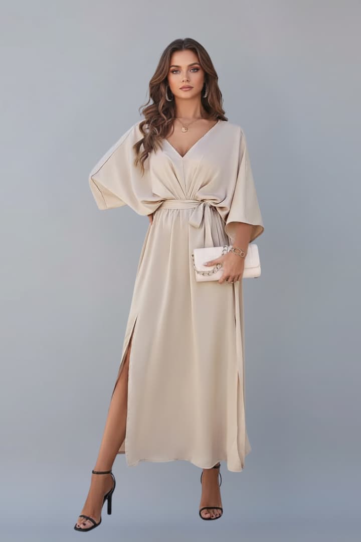 Women’s V-Neck Dress with Waist Tie and Side Slit