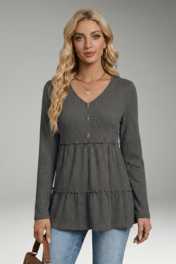 Women’s V-Neck Shirt with Button Details and Voluminous Hem
