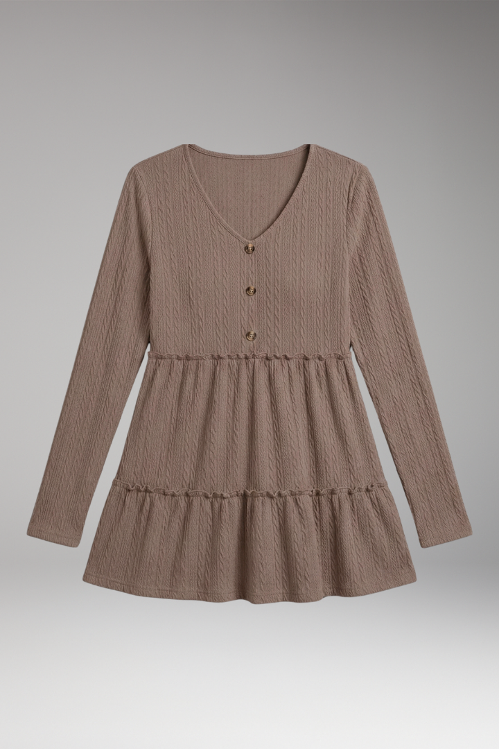 Women’s V-Neck Shirt with Button Details and Voluminous Hem