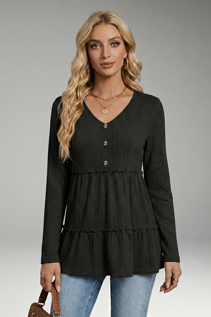 Women’s V-Neck Shirt with Button Details and Voluminous Hem