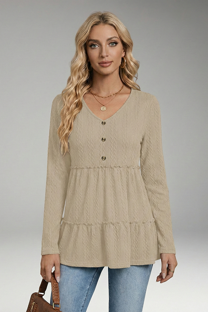 Women’s V-Neck Shirt with Button Details and Voluminous Hem