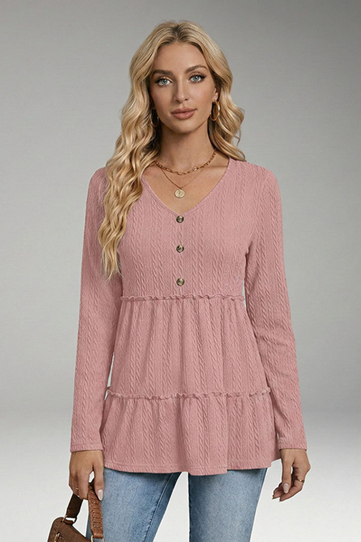 Women’s V-Neck Shirt with Button Details and Voluminous Hem