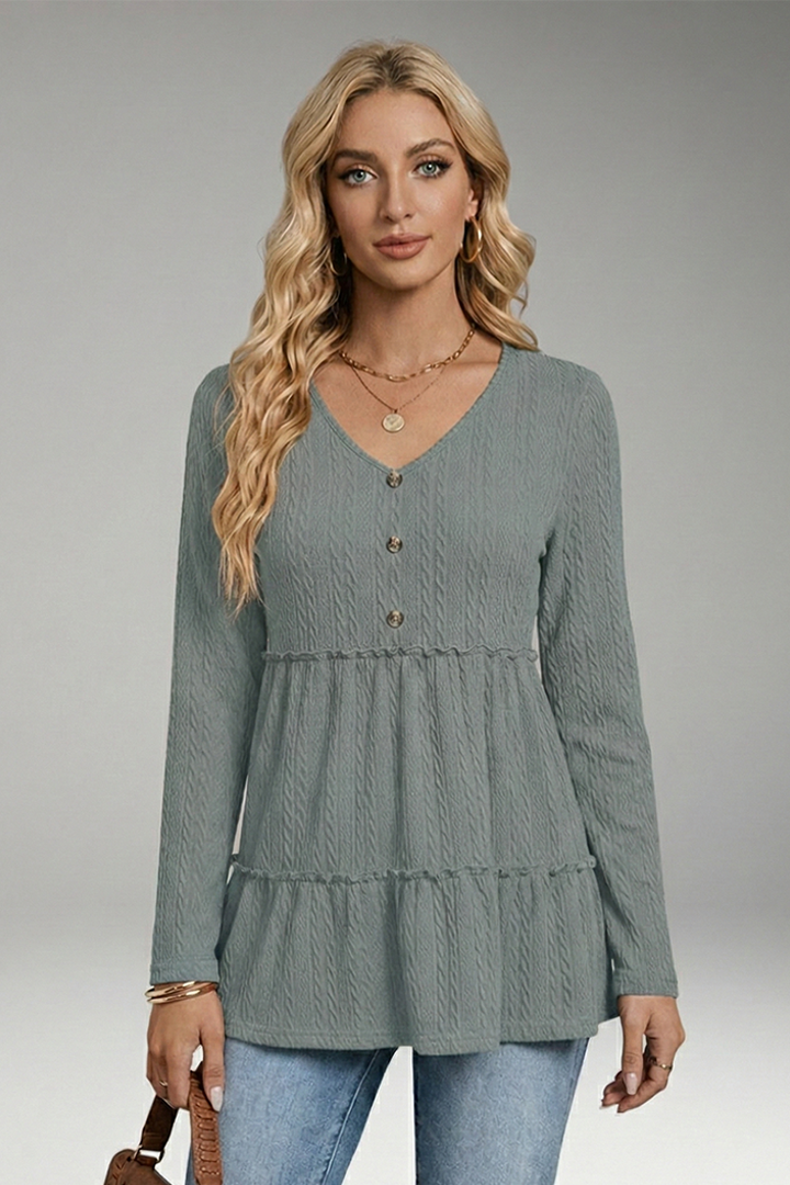 Women’s V-Neck Shirt with Button Details and Voluminous Hem