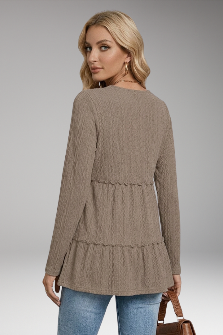 Women’s V-Neck Shirt with Button Details and Voluminous Hem
