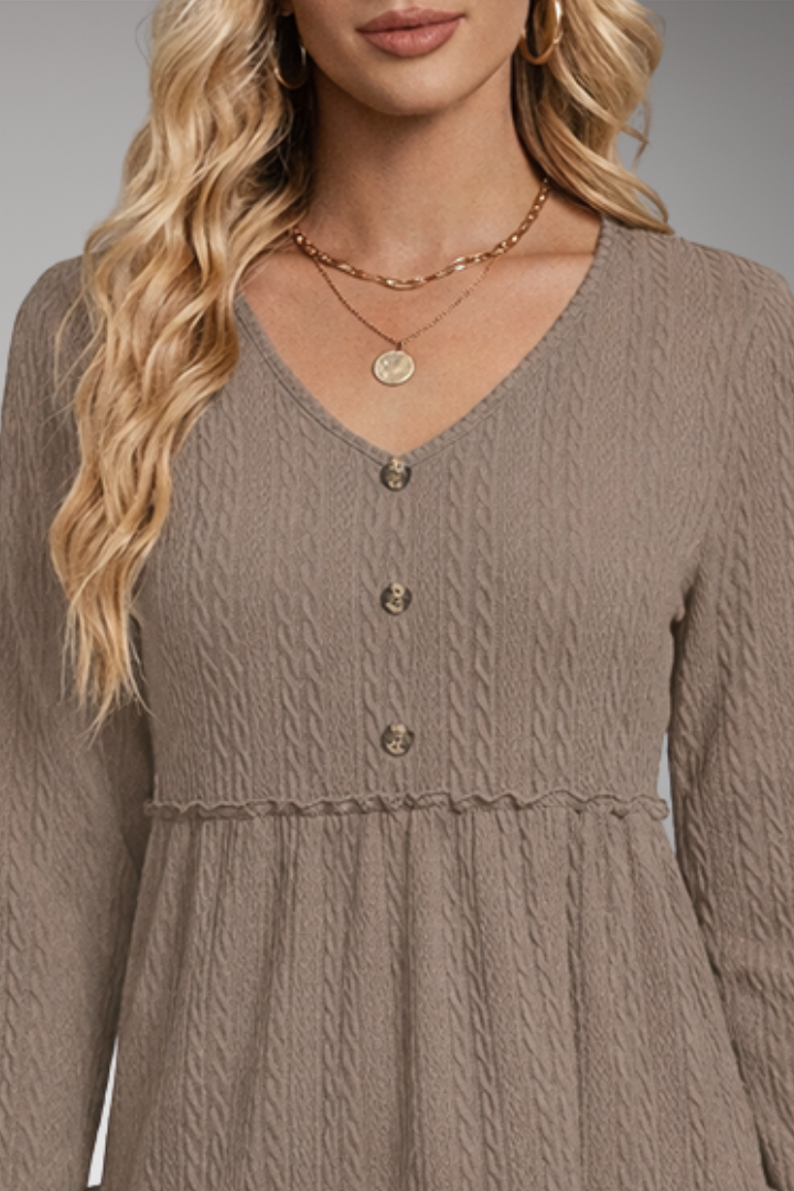 Women’s V-Neck Shirt with Button Details and Voluminous Hem