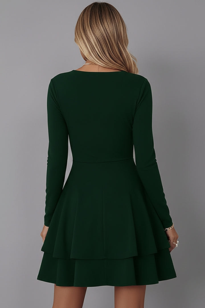 Women's V-neck Dress with Long Sleeves and Voluminous Skirt