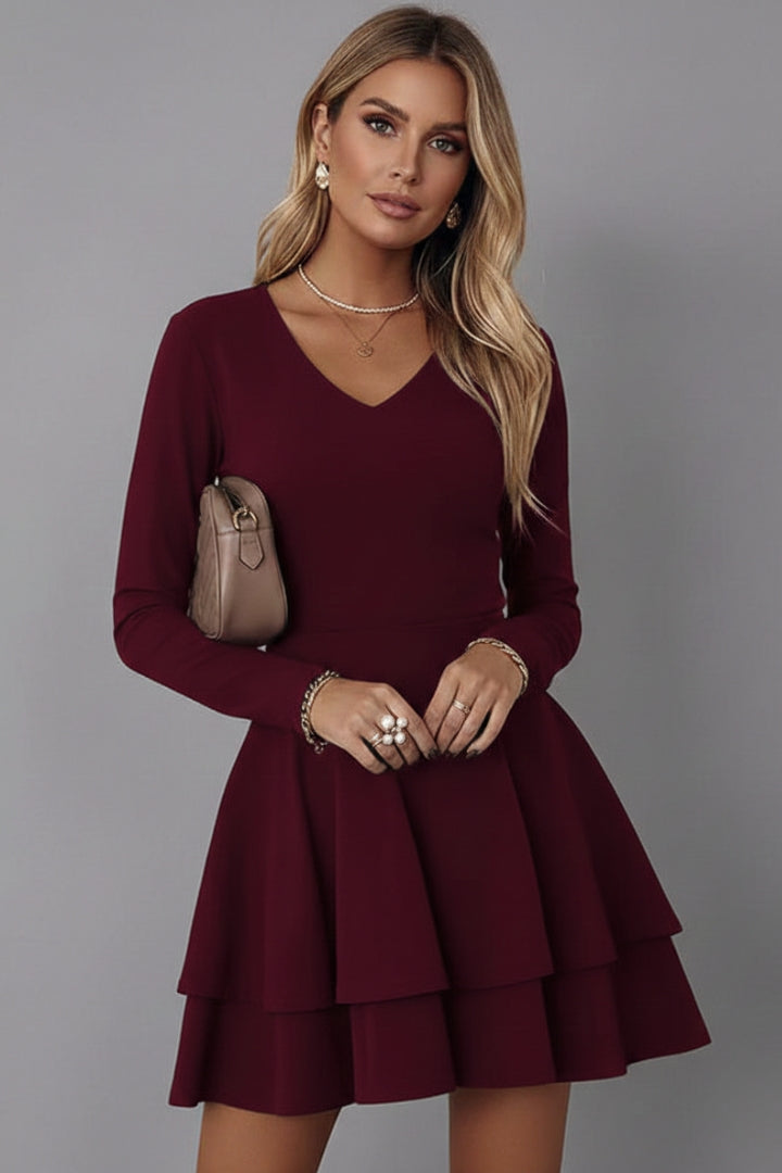 Women's V-neck Dress with Long Sleeves and Voluminous Skirt