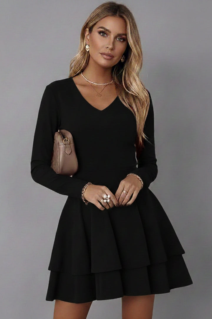 Women's V-neck Dress with Long Sleeves and Voluminous Skirt