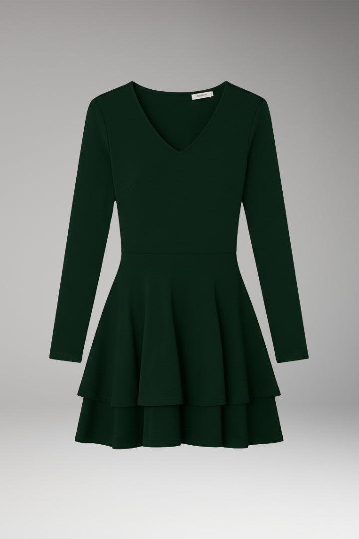 Women's V-neck Dress with Long Sleeves and Voluminous Skirt