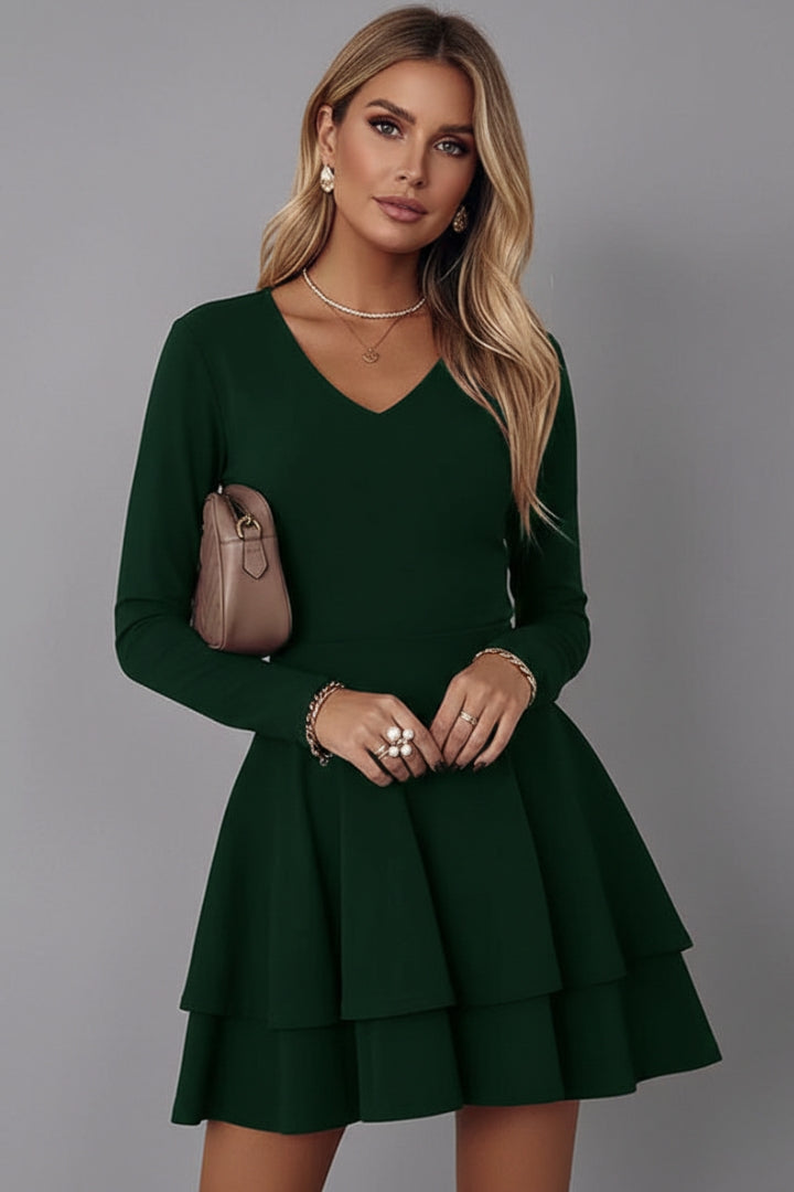 Women's V-neck Dress with Long Sleeves and Voluminous Skirt
