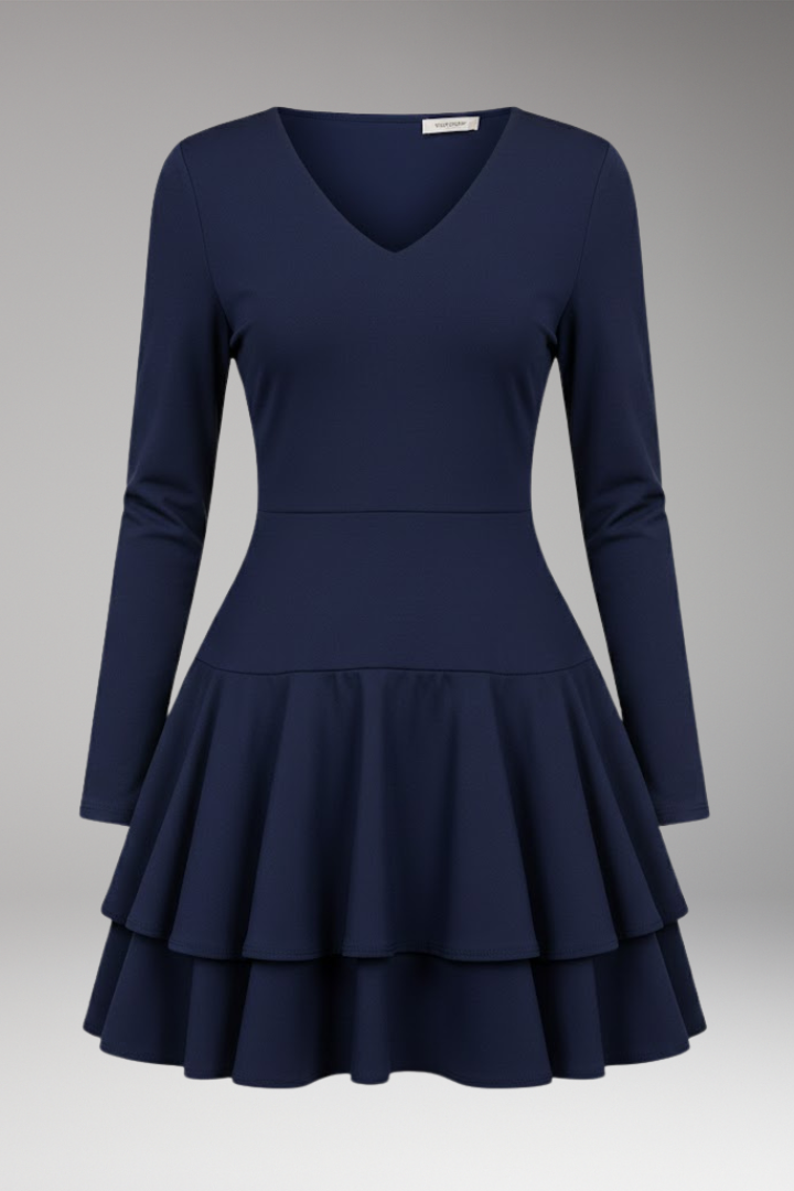 Women's V-neck Dress with Tiered Skirt and Voluminous Design
