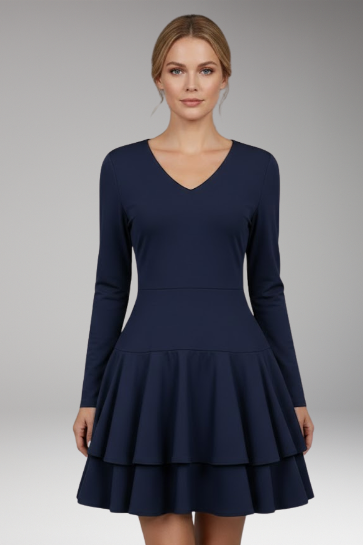 Women's V-neck Dress with Tiered Skirt and Voluminous Design