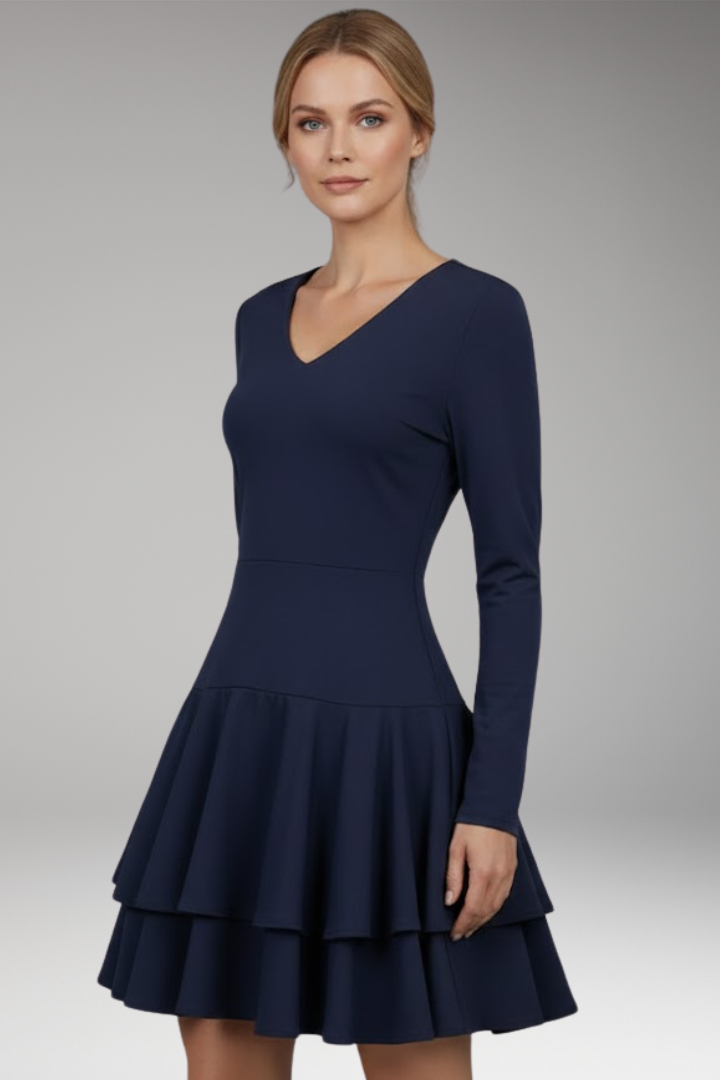 Women's V-neck Dress with Tiered Skirt and Voluminous Design