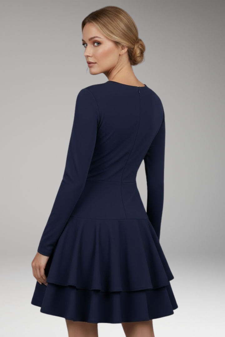 Women's V-neck Dress with Tiered Skirt and Voluminous Design