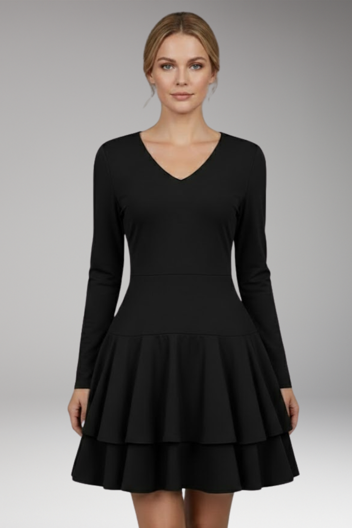 Women's V-neck Dress with Tiered Skirt and Voluminous Design
