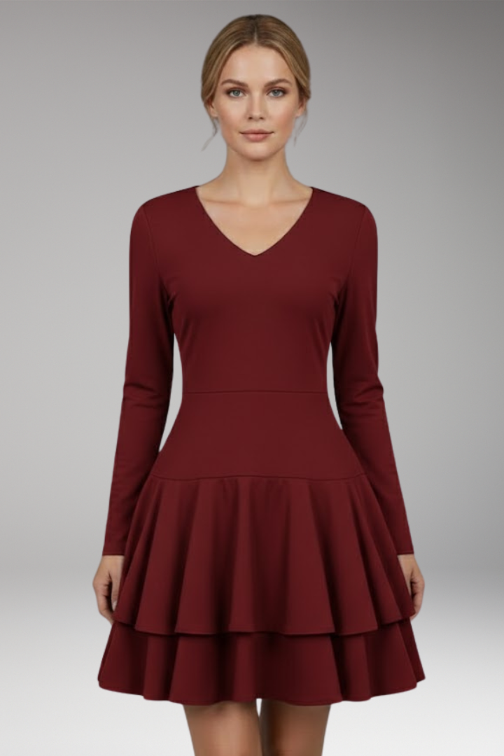 Women's V-neck Dress with Tiered Skirt and Voluminous Design