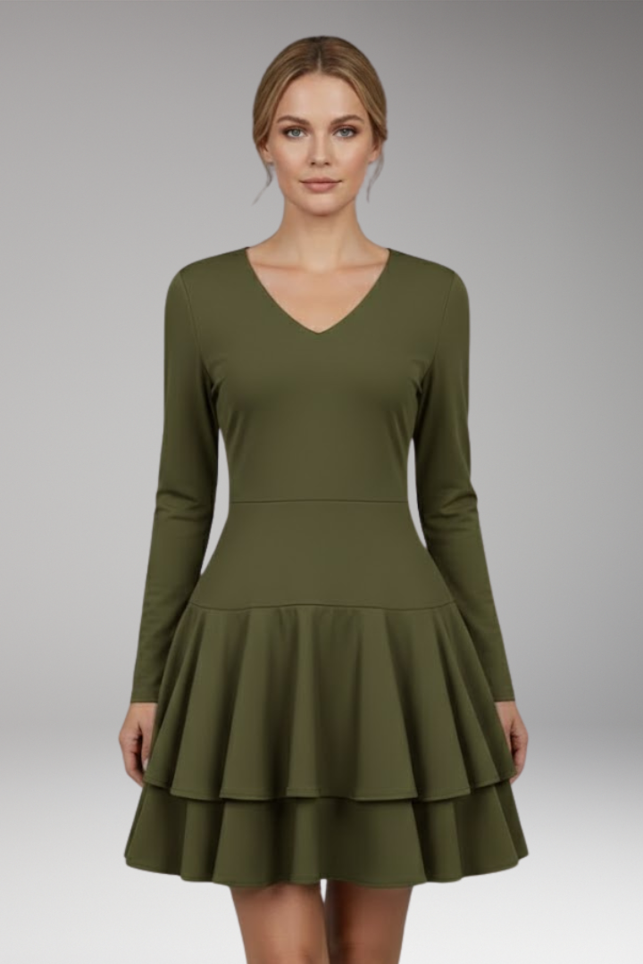 Women's V-neck Dress with Tiered Skirt and Voluminous Design