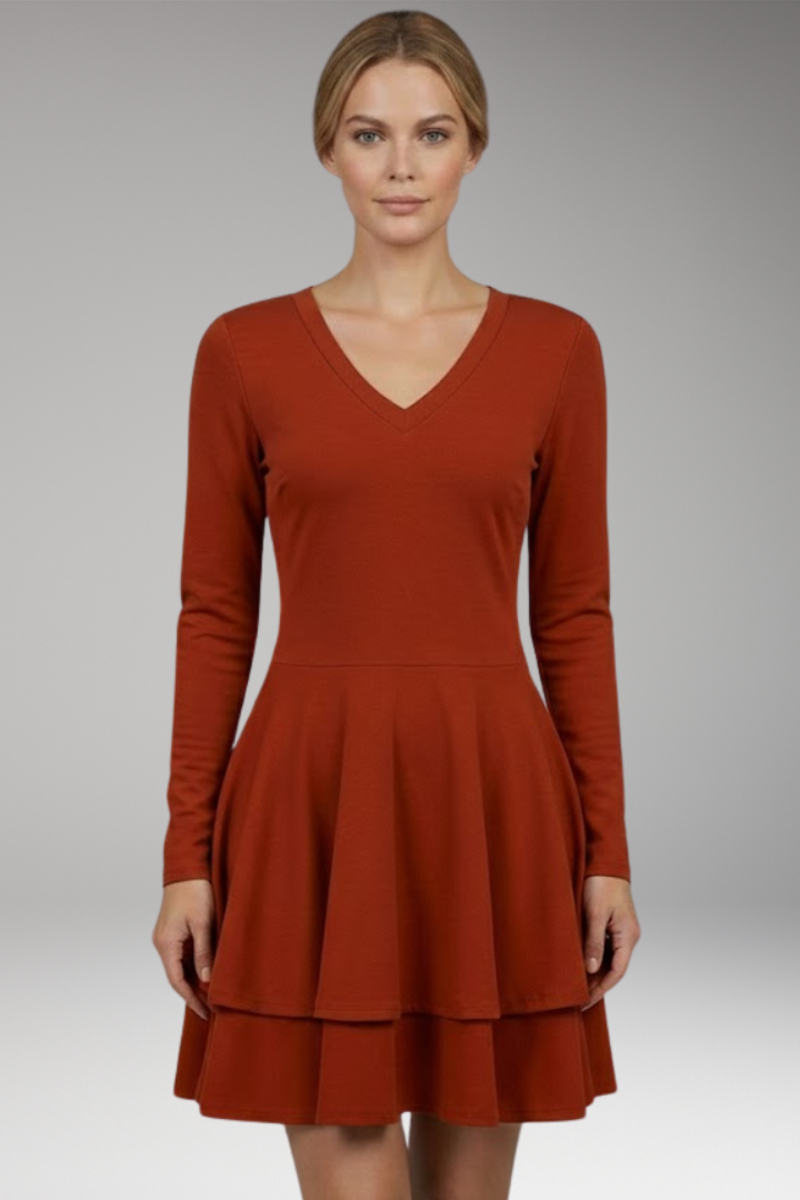 Women's V-neck Dress with Tiered Skirt and Voluminous Design