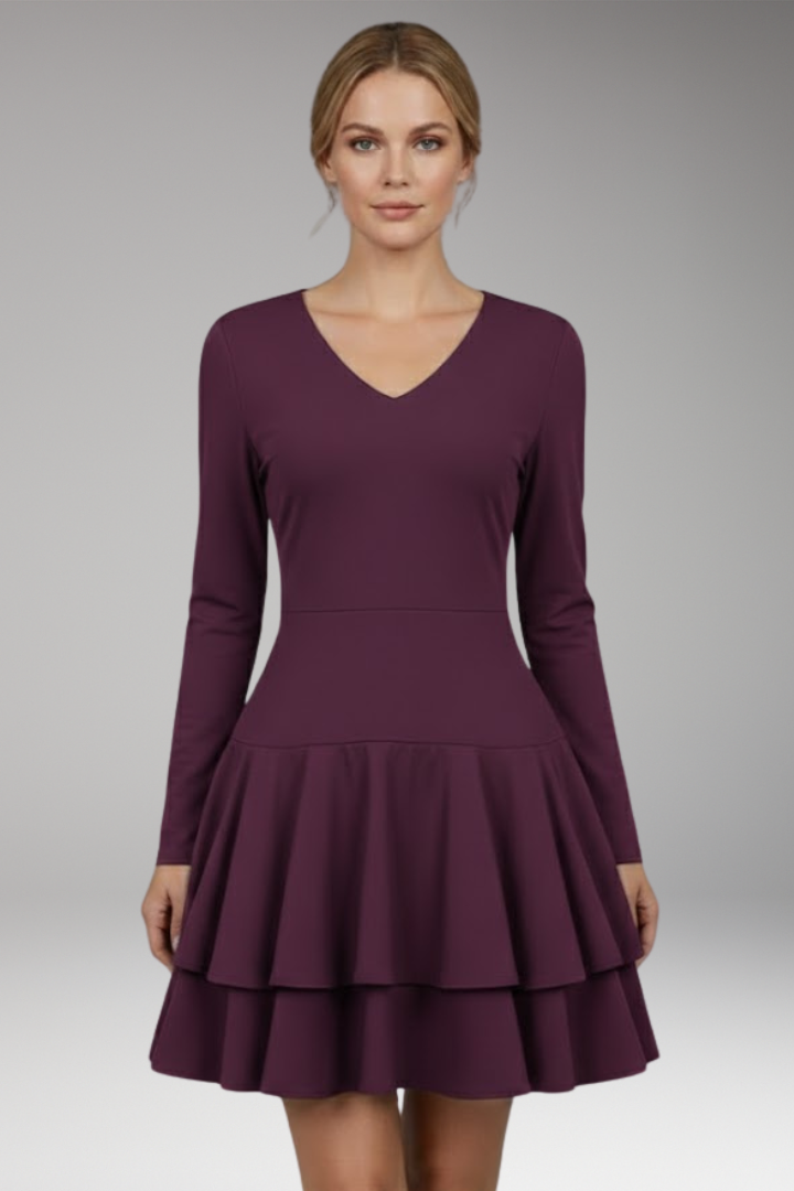 Women's V-neck Dress with Tiered Skirt and Voluminous Design