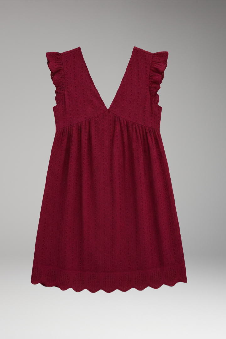 Women's V Neck Dress with Side Pockets and Scalloped Hem
