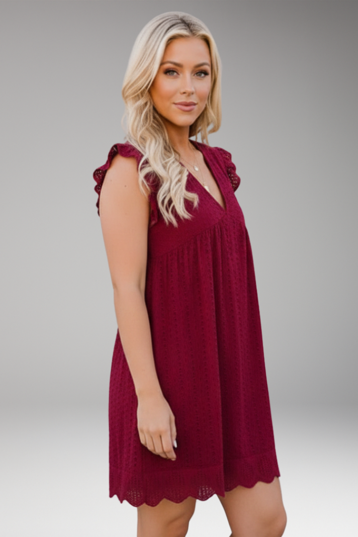 Women's V Neck Dress with Side Pockets and Scalloped Hem
