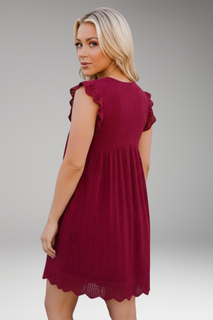 Women's V Neck Dress with Side Pockets and Scalloped Hem