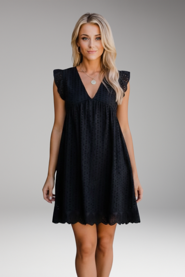 Women's V Neck Dress with Side Pockets and Scalloped Hem