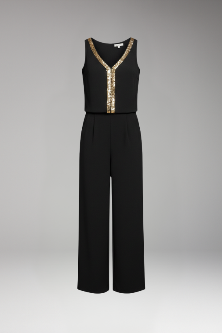 Women's V Neck Jumpsuit with Decorative Trim and Wide Leg