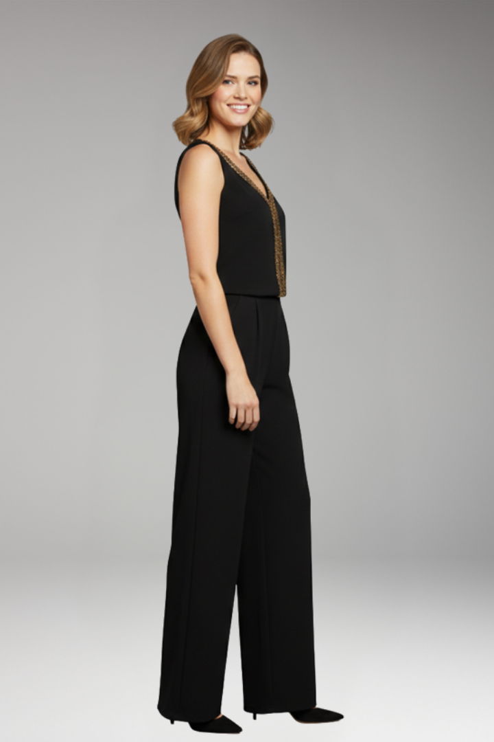 Women's V Neck Jumpsuit with Decorative Trim and Wide Leg
