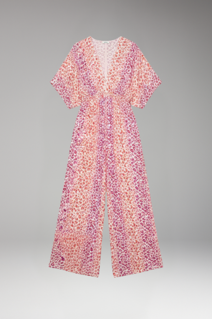 Women's V Neck Jumpsuit with Patterned Surface