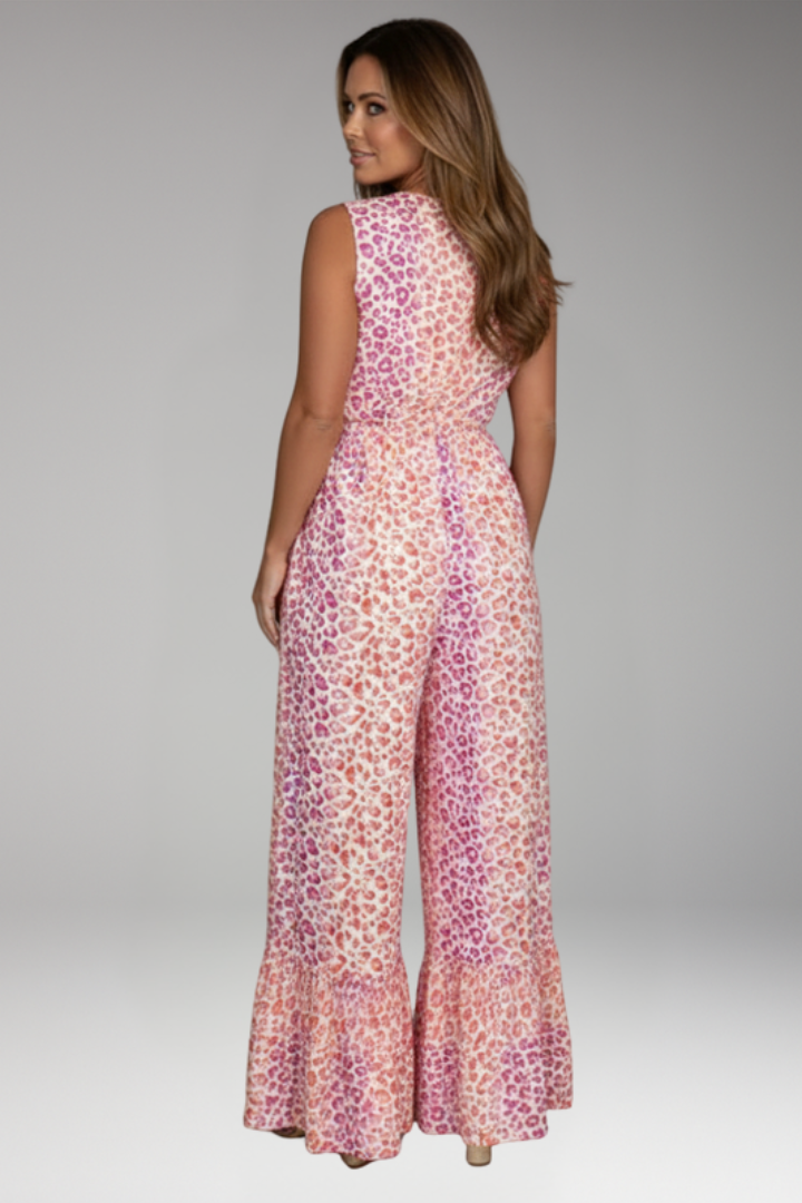 Women's V Neck Jumpsuit with Patterned Surface