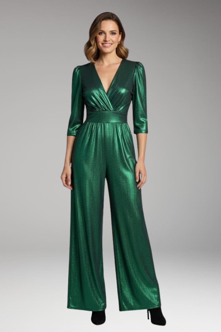 Women's V Neck Jumpsuit with Side Pockets and Wide Legs
