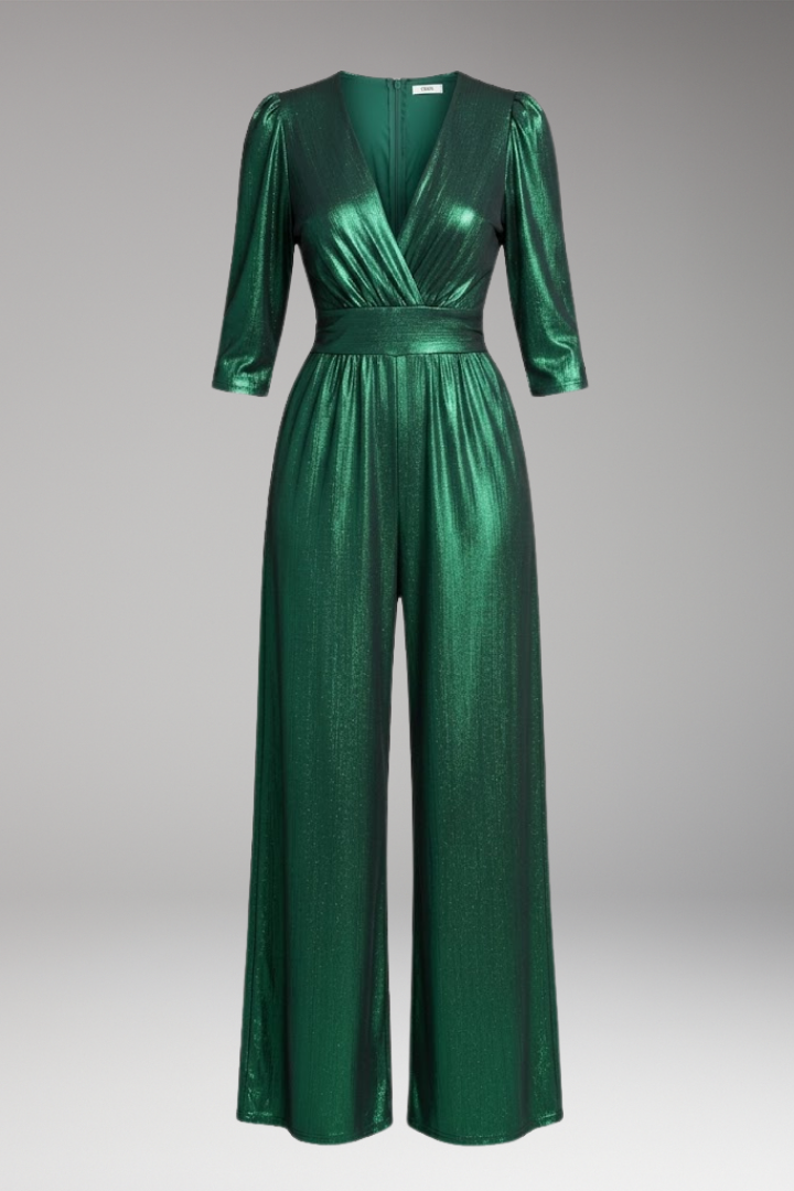 Women's V Neck Jumpsuit with Side Pockets and Wide Legs