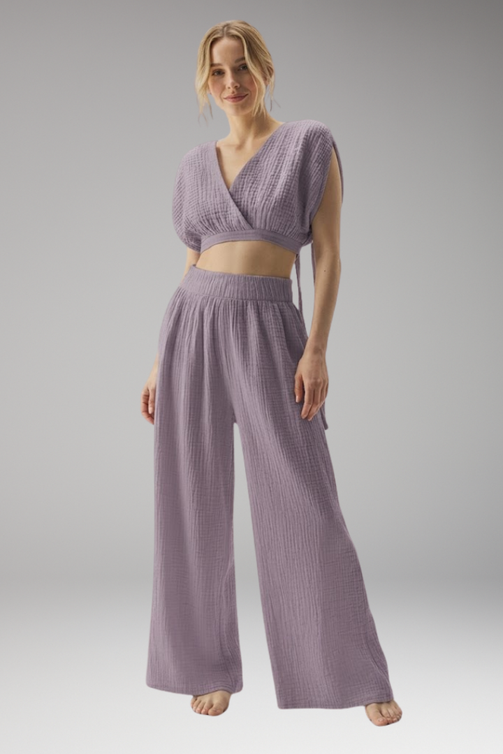 Women's V Neck Jumpsuit with Wrap Front and Wide Legs
