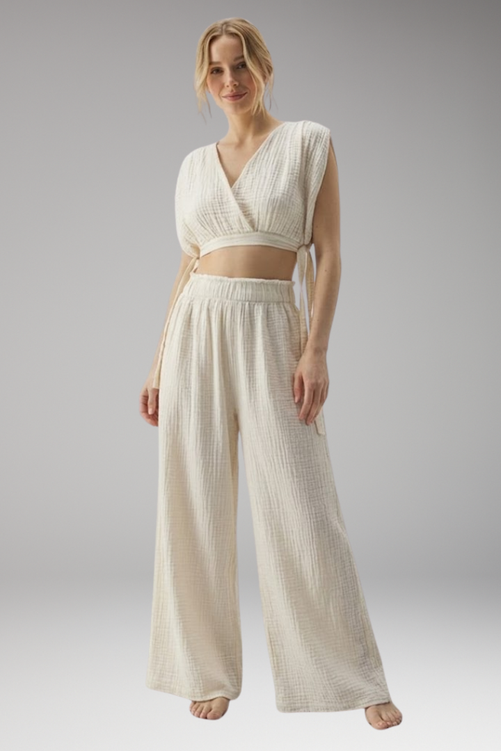 Women's V Neck Jumpsuit with Wrap Front and Wide Legs