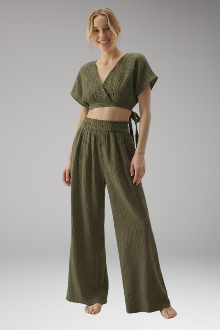 Women's V Neck Jumpsuit with Wrap Front and Wide Legs