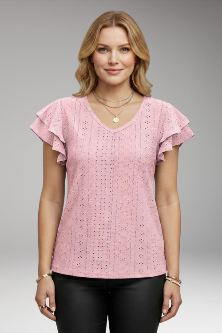 Women's V Neck T-Shirt with Ruffle Sleeves
