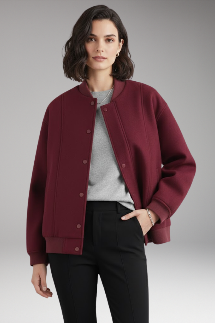 Women’s Varsity Bomber Jacket with Snap Closure and Ribbed Trim
