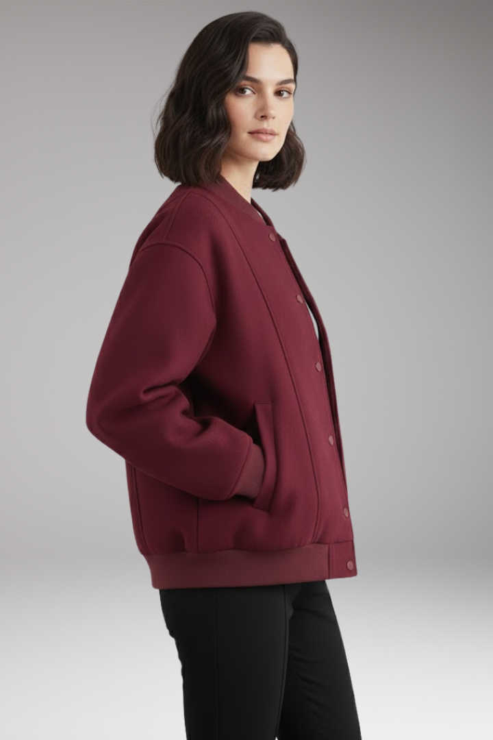Women’s Varsity Bomber Jacket with Snap Closure and Ribbed Trim