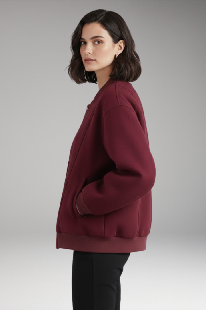 Women’s Varsity Bomber Jacket with Snap Closure and Ribbed Trim