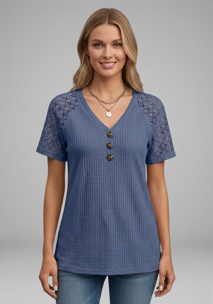Women’s Waffle-Knit V-Neck T-Shirt with Lace Short Sleeves and Button Detail