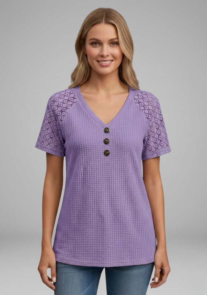 Women’s Waffle-Knit V-Neck T-Shirt with Lace Short Sleeves and Button Detail