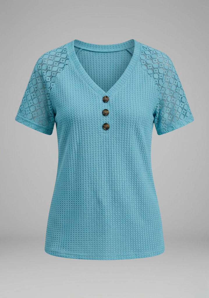 Women’s Waffle-Knit V-Neck T-Shirt with Lace Short Sleeves and Button Detail