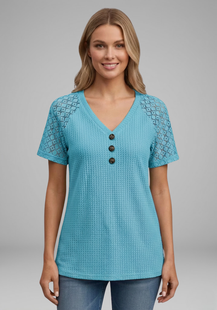 Women’s Waffle-Knit V-Neck T-Shirt with Lace Short Sleeves and Button Detail