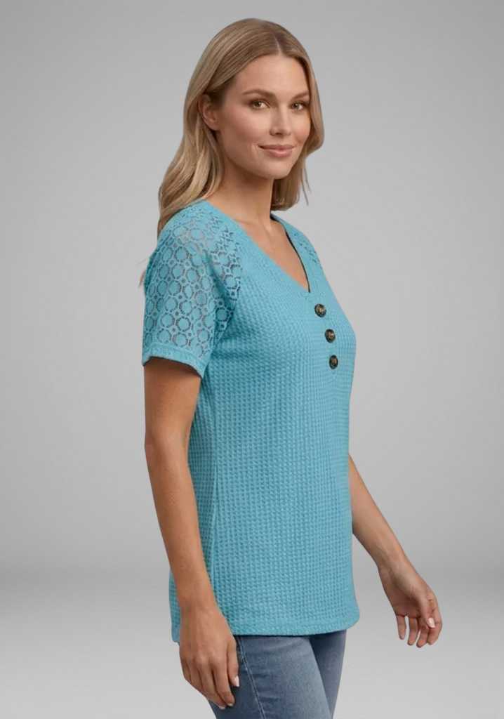 Women’s Waffle-Knit V-Neck T-Shirt with Lace Short Sleeves and Button Detail