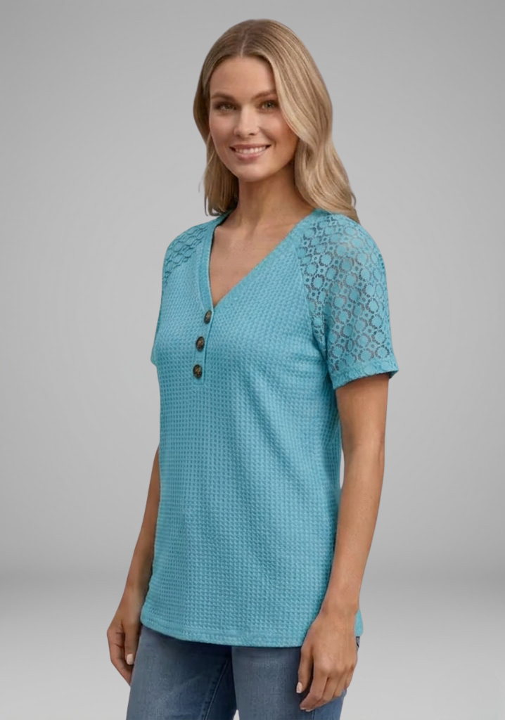 Women’s Waffle-Knit V-Neck T-Shirt with Lace Short Sleeves and Button Detail